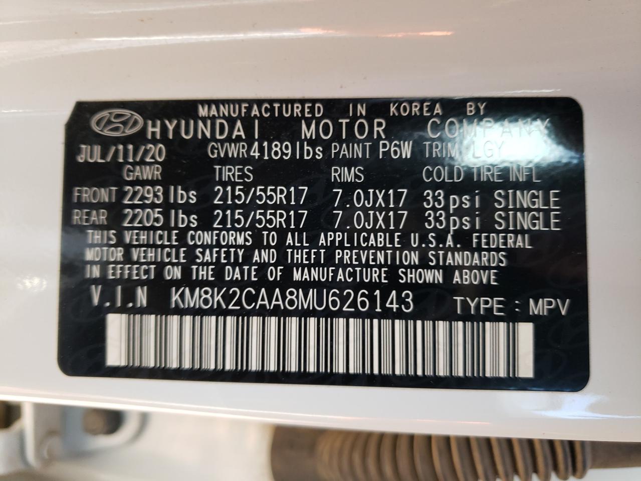 2021 Hyundai Kona Sel VIN: KM8K2CAA8MU626143 Lot: 79359744