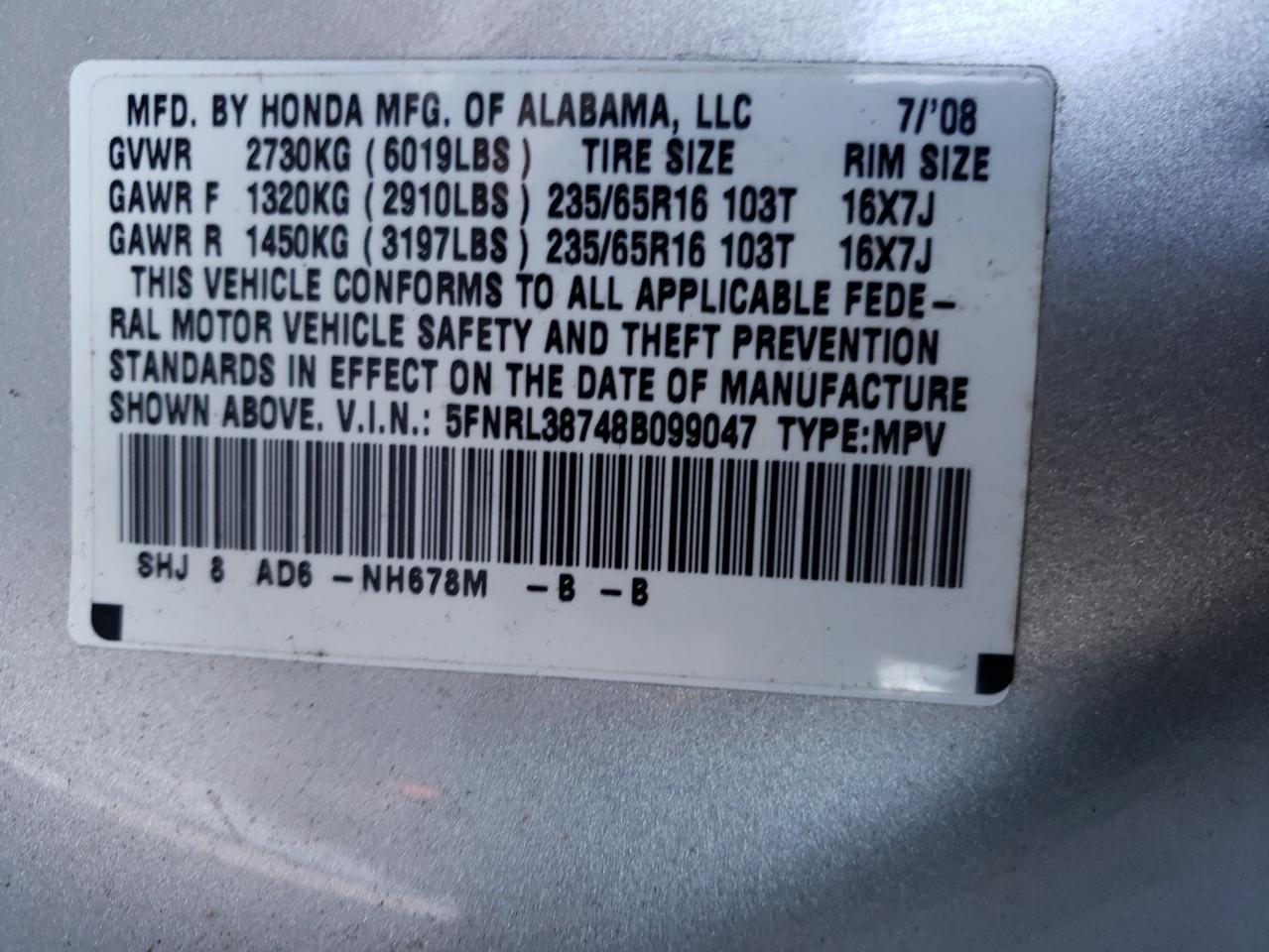 2008 Honda Odyssey Exl VIN: 5FNRL38748B099047 Lot: 79780214