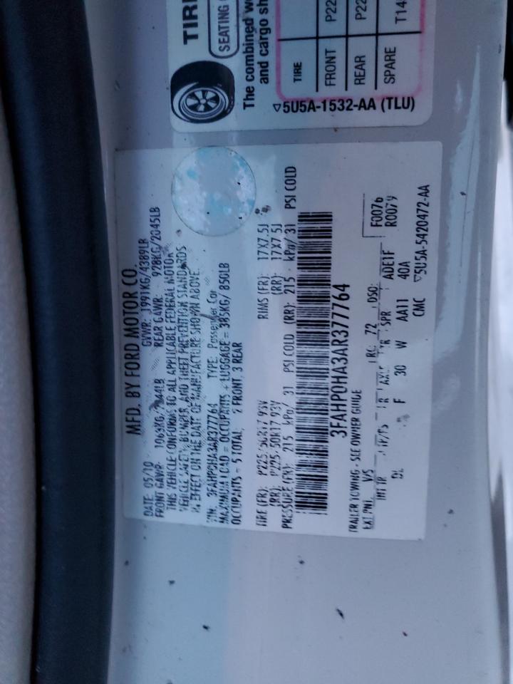 2010 Ford Fusion Se VIN: 3FAHP0HA3AR377764 Lot: 82451194