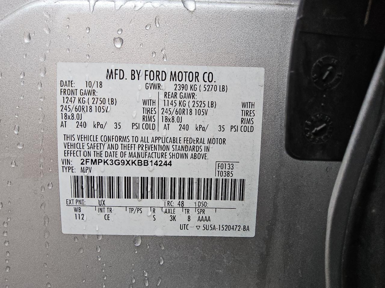 VIN 2FMPK3G9XKBB14244 2019 FORD EDGE no.13