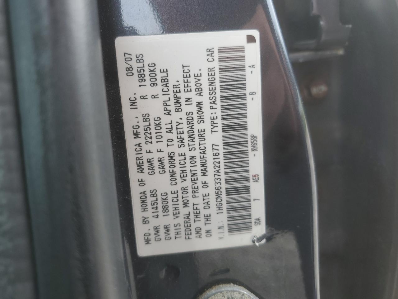 2007 Honda Accord Se VIN: 1HGCM56337A221677 Lot: 78610294