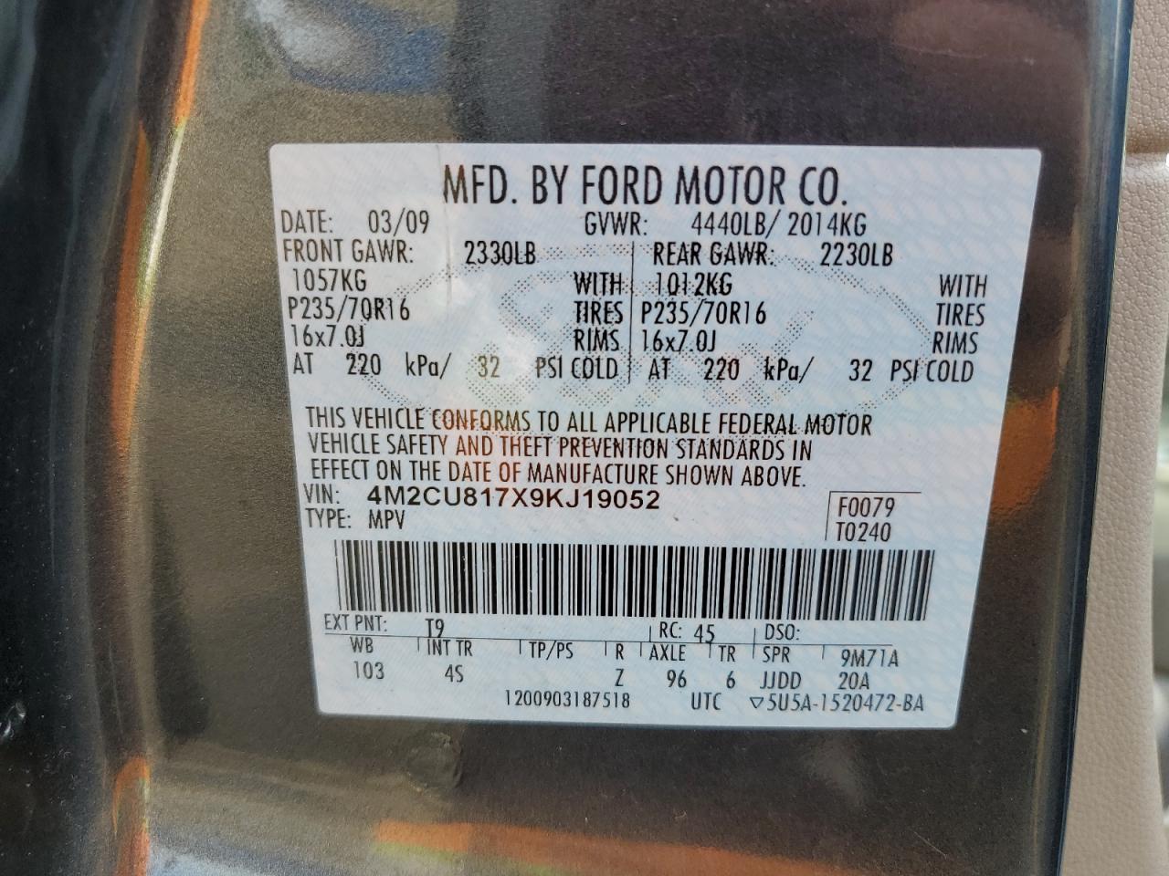 2009 Mercury Mariner VIN: 4M2CU817X9KJ19052 Lot: 81329054