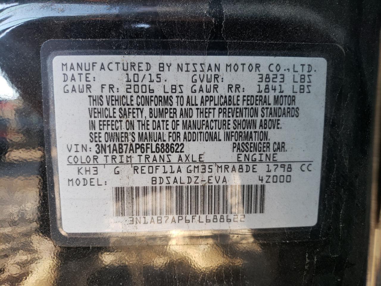 2015 Nissan Sentra S VIN: 3N1AB7AP6FL688622 Lot: 79962614