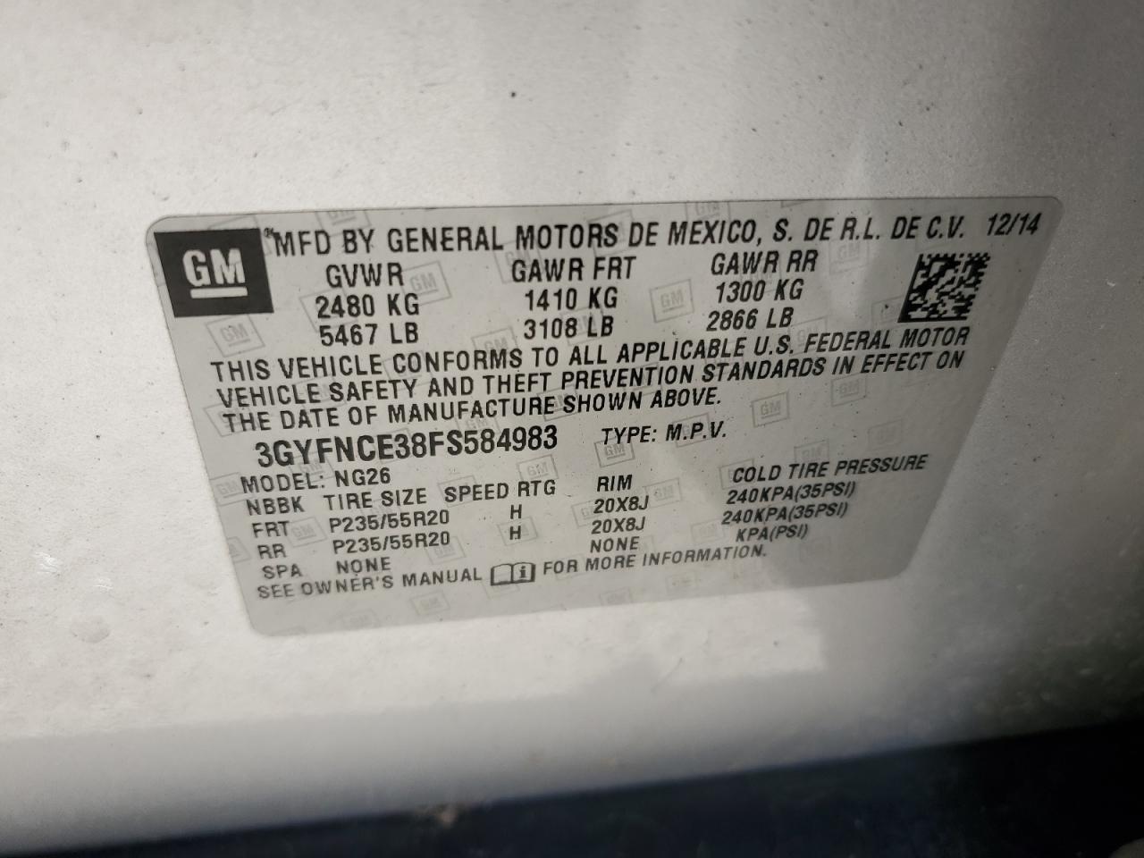 2015 Cadillac Srx Performance Collection VIN: 3GYFNCE38FS584983 Lot: 67197295