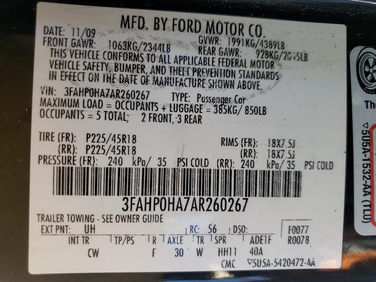 2010 Ford Fusion Se VIN: 3FAHP0HA7AR260267 Lot: 82253174