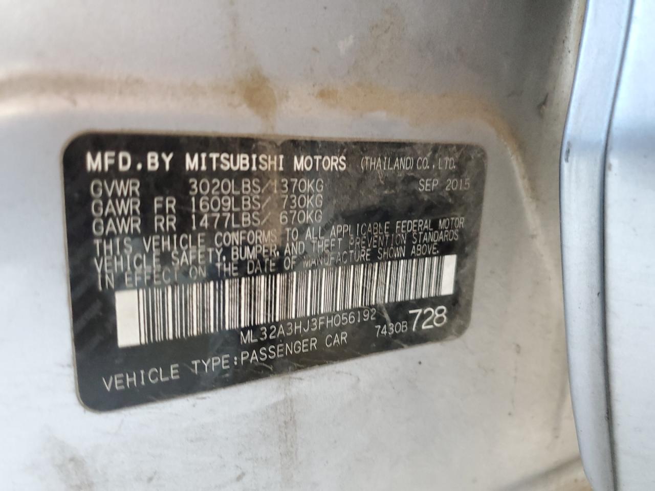 2015 Mitsubishi Mirage De VIN: ML32A3HJ3FH056192 Lot: 79246624