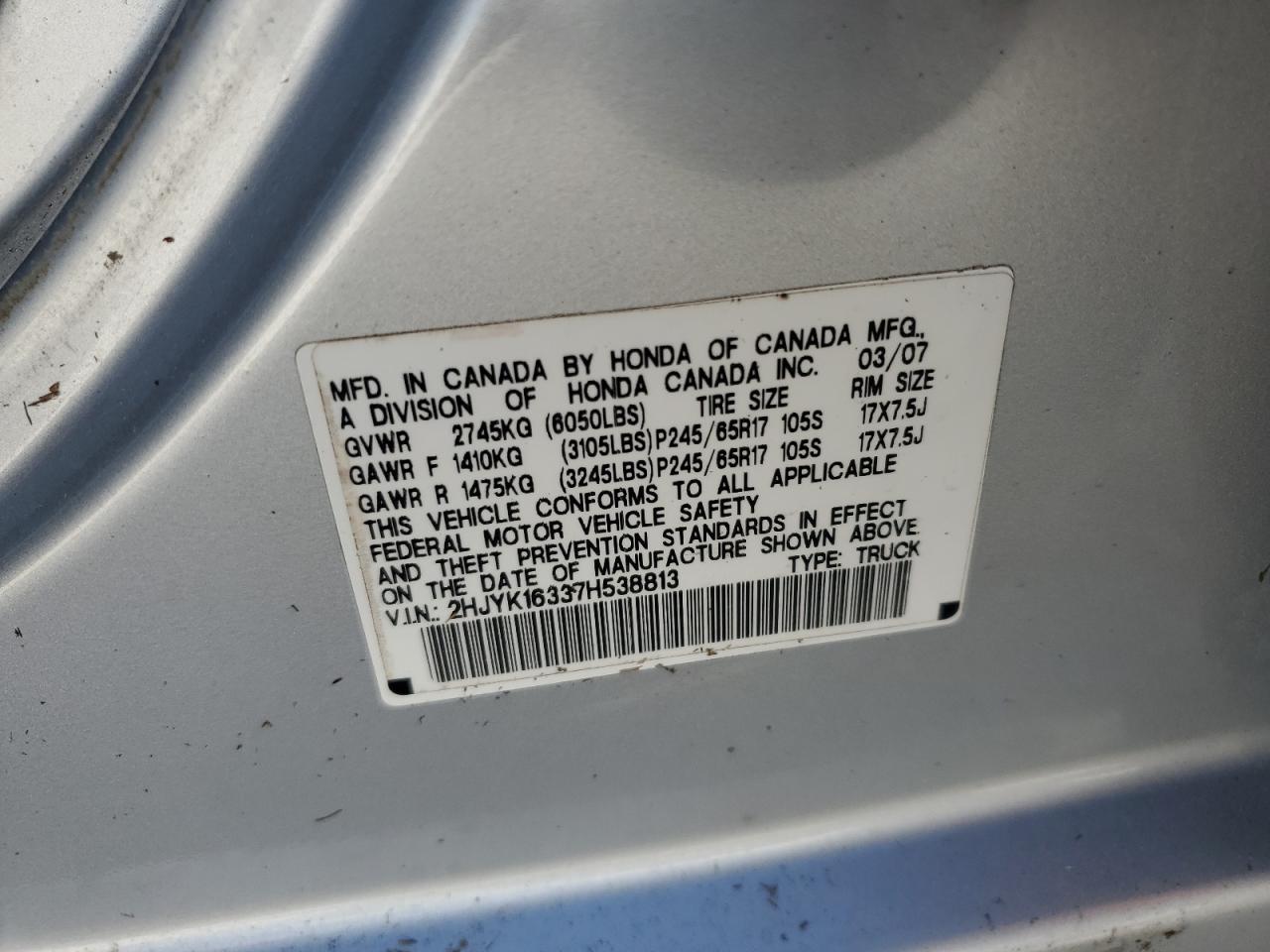 2007 Honda Ridgeline Rtx VIN: 2HJYK16337H538813 Lot: 74238094