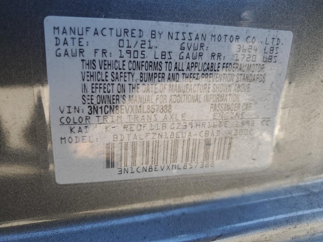 VIN 3N1CN8EVXML857388 2021 NISSAN VERSA no.12