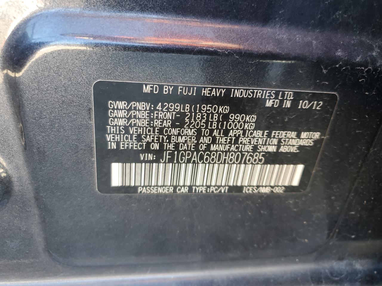 2013 Subaru Impreza Premium VIN: JF1GPAC68DH807685 Lot: 81711664