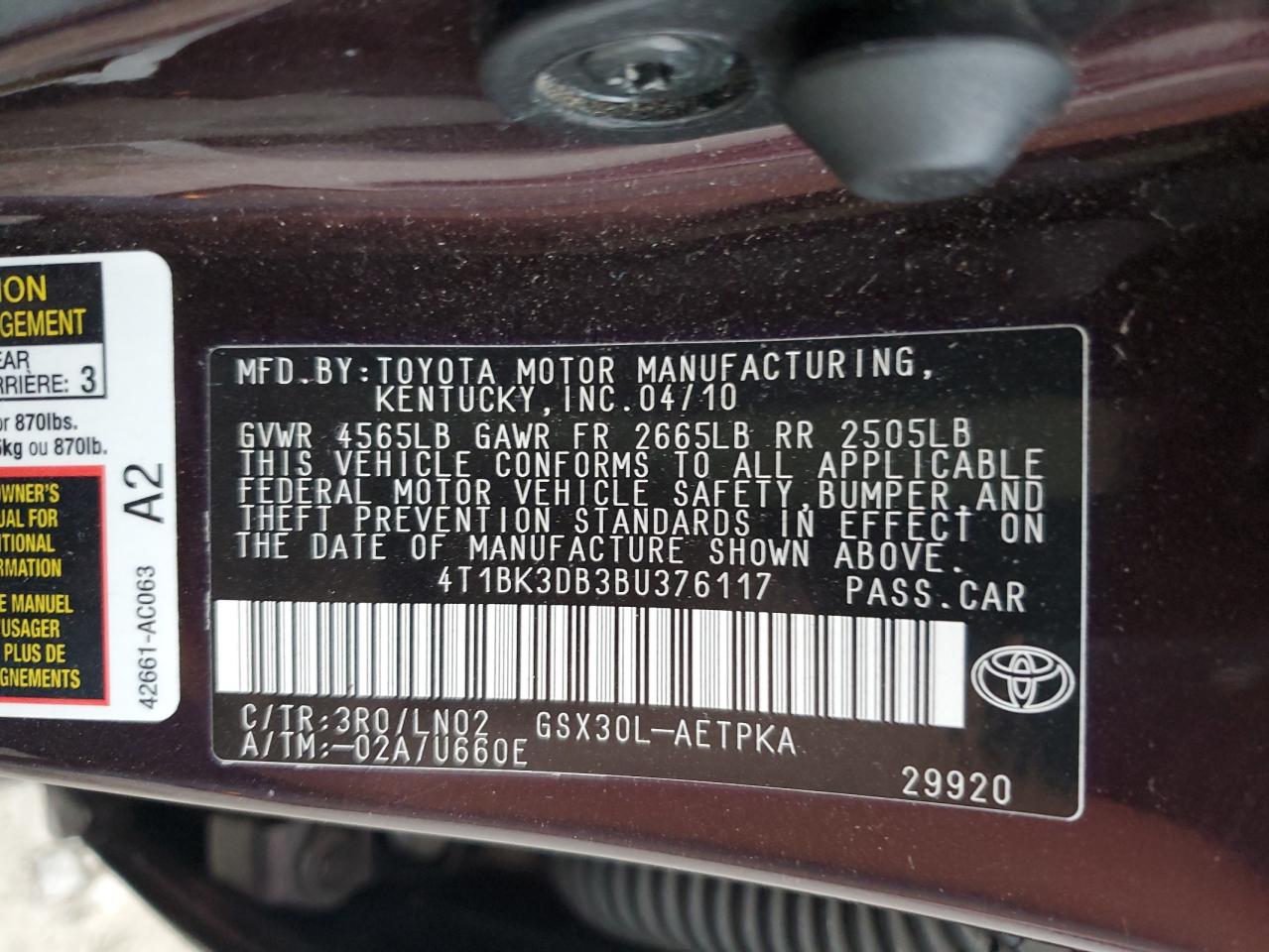 4T1BK3DB3BU376117 2011 Toyota Avalon Base