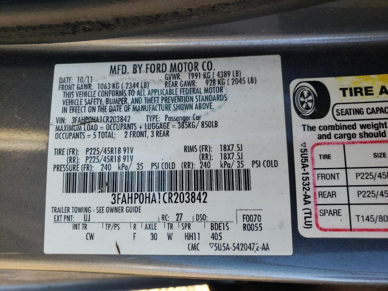 2012 Ford Fusion Se VIN: 3FAHP0HA1CR203842 Lot: 80790774