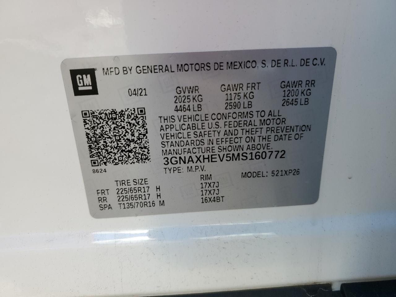 2021 Chevrolet Equinox Ls VIN: 3GNAXHEV5MS160772 Lot: 80319684