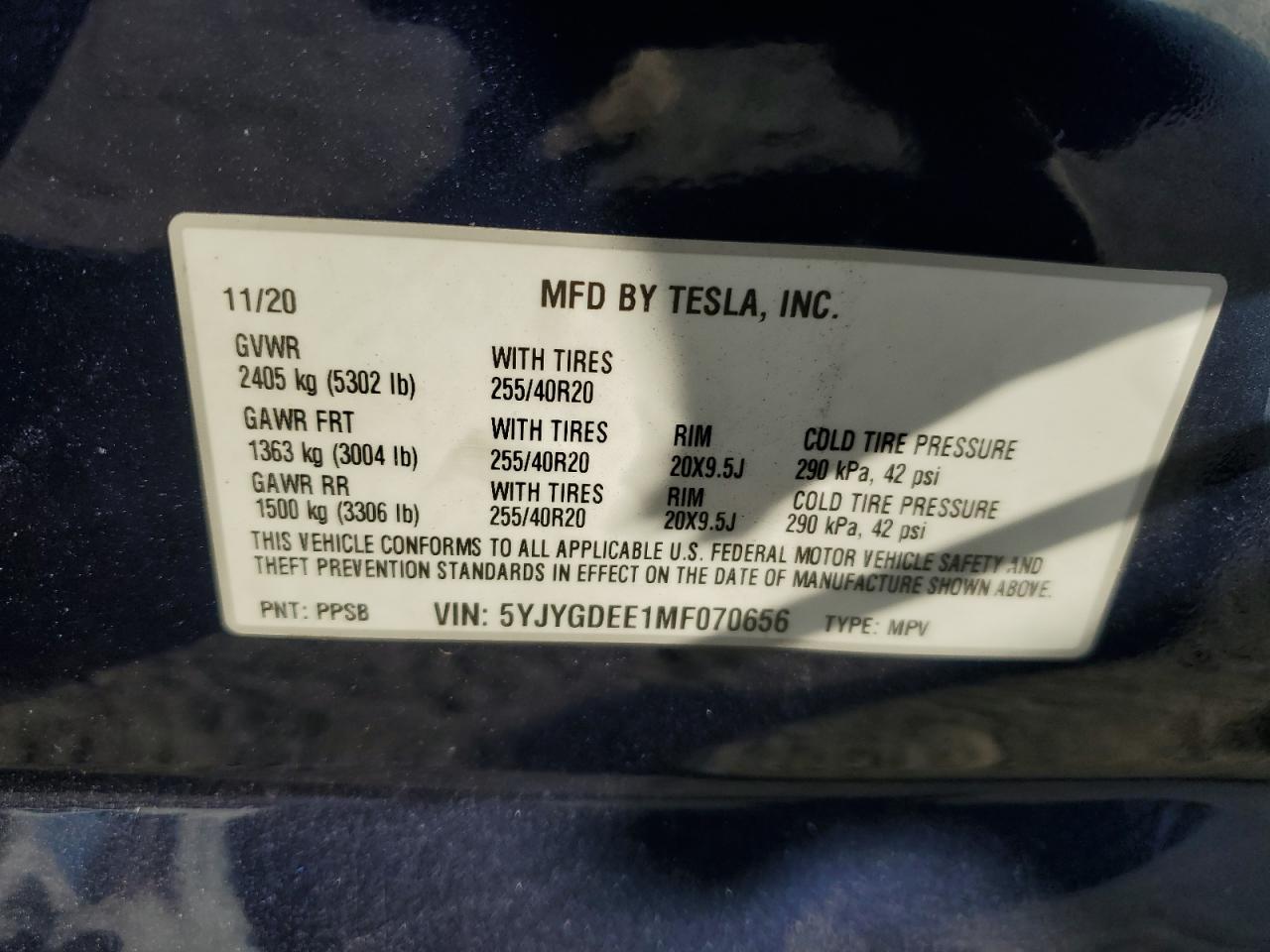 2021 Tesla Model Y VIN: 5YJYGDEE1MF070656 Lot: 79042364