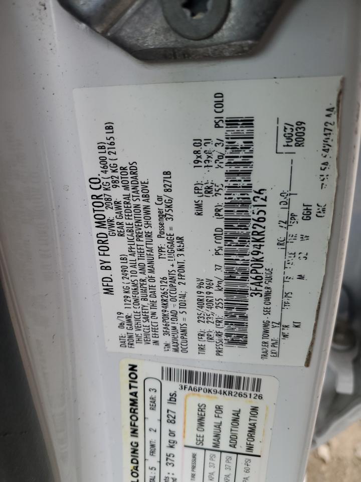 2019 Ford Fusion Titanium VIN: 3FA6P0K94KR265126 Lot: 81987134