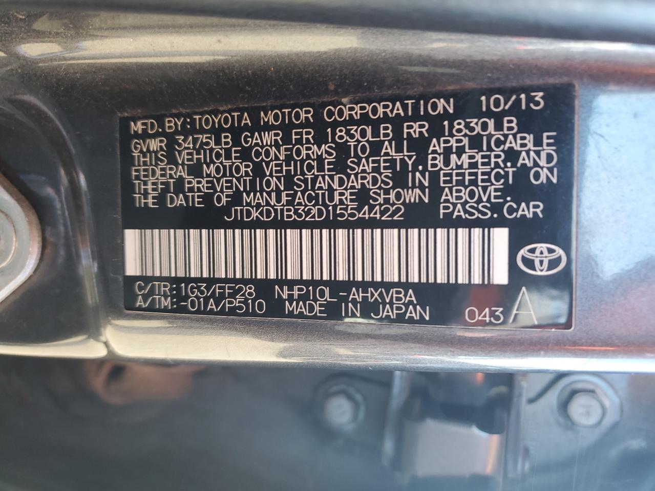 2013 Toyota Prius C VIN: JTDKDTB32D1554422 Lot: 80892694