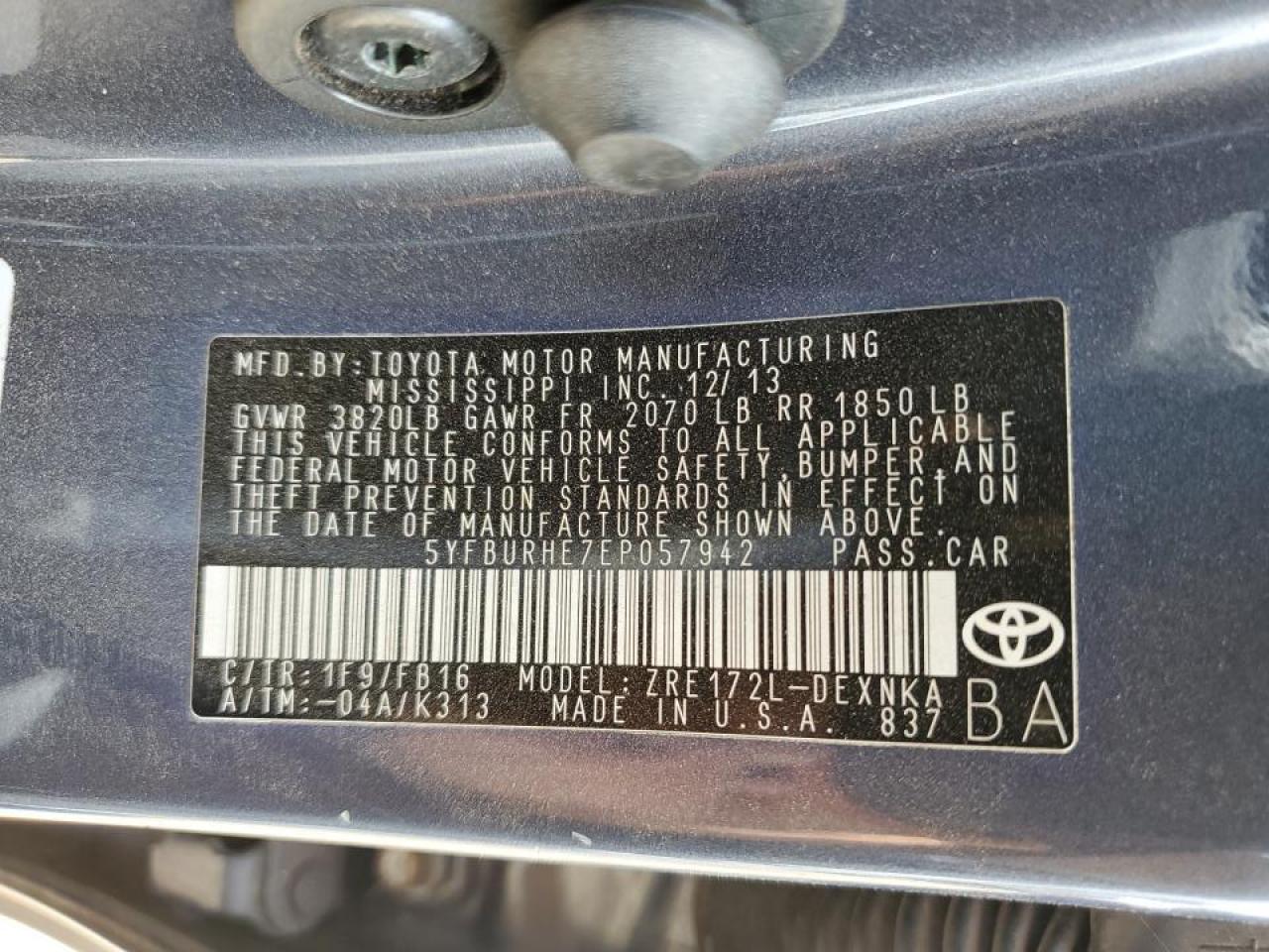 2014 Toyota Corolla L VIN: 5YFBURHE7EP057942 Lot: 67783824