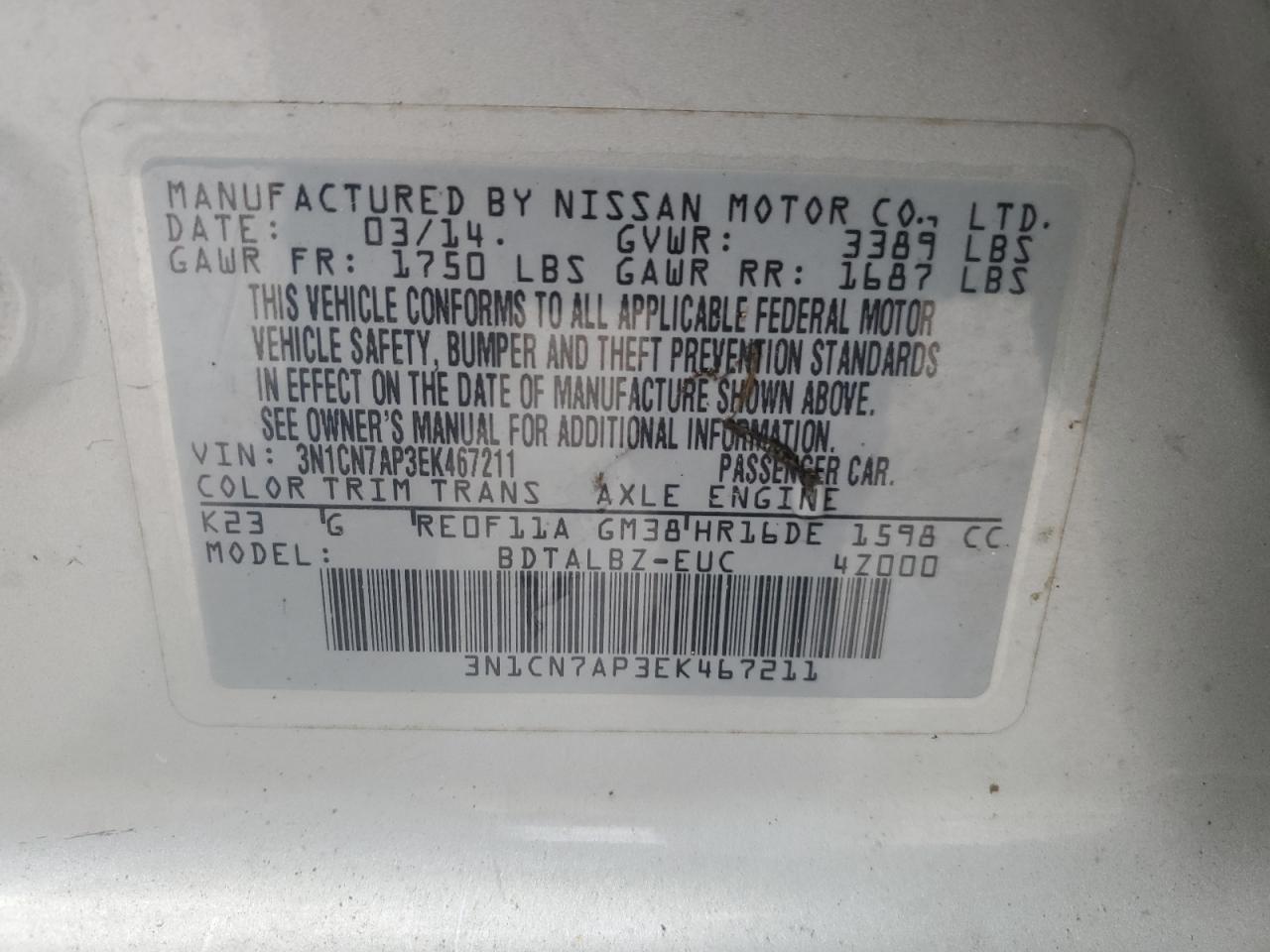 VIN 3N1CN7AP3EK467211 2014 NISSAN VERSA no.13