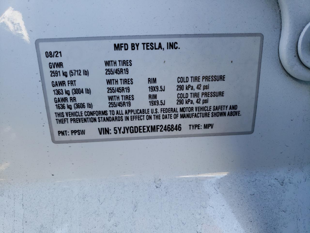 2021 Tesla Model Y VIN: 5YJYGDEEXMF246846 Lot: 79770404