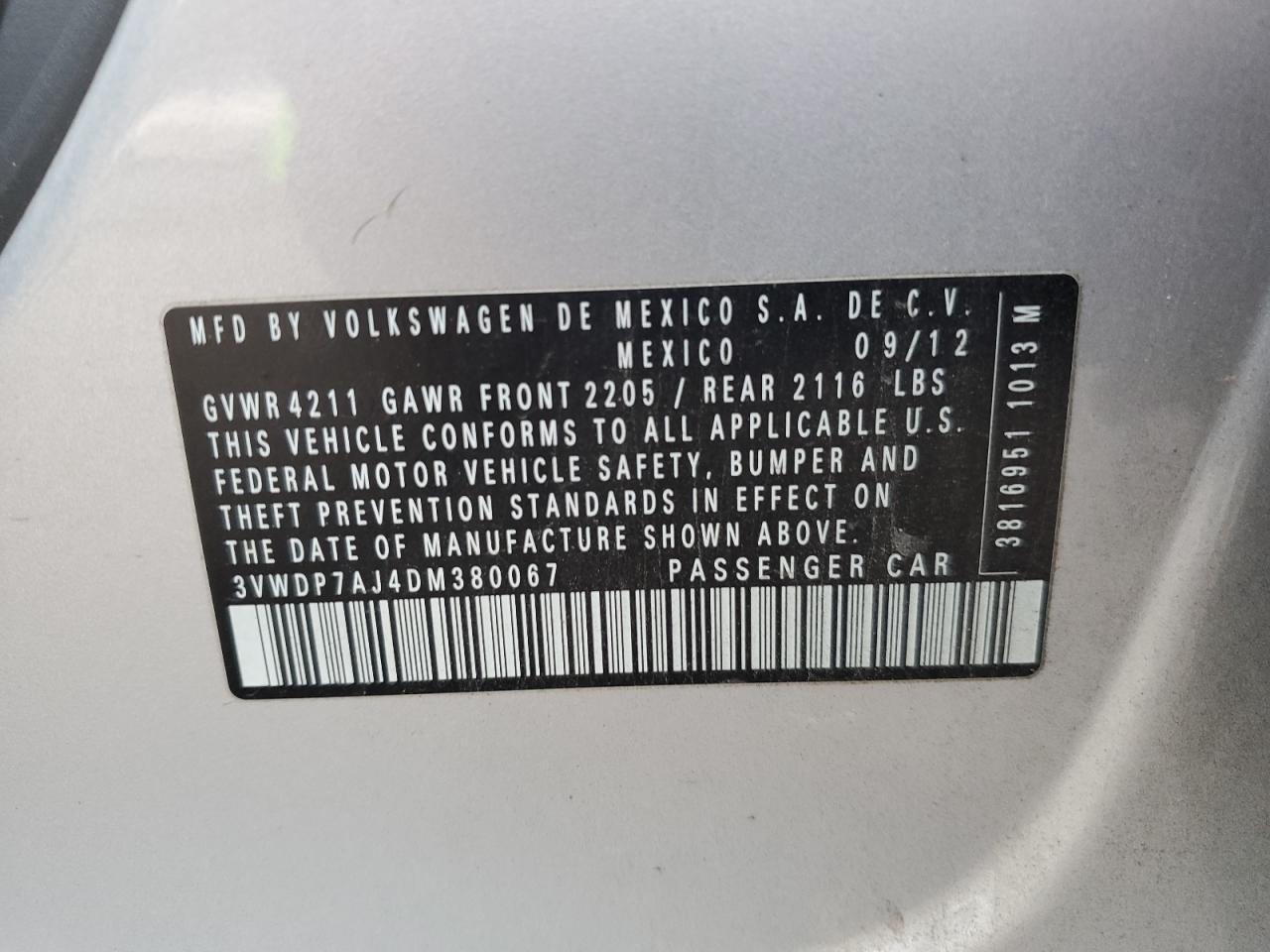 2013 Volkswagen Jetta Se VIN: 3VWDP7AJ4DM380067 Lot: 80519884