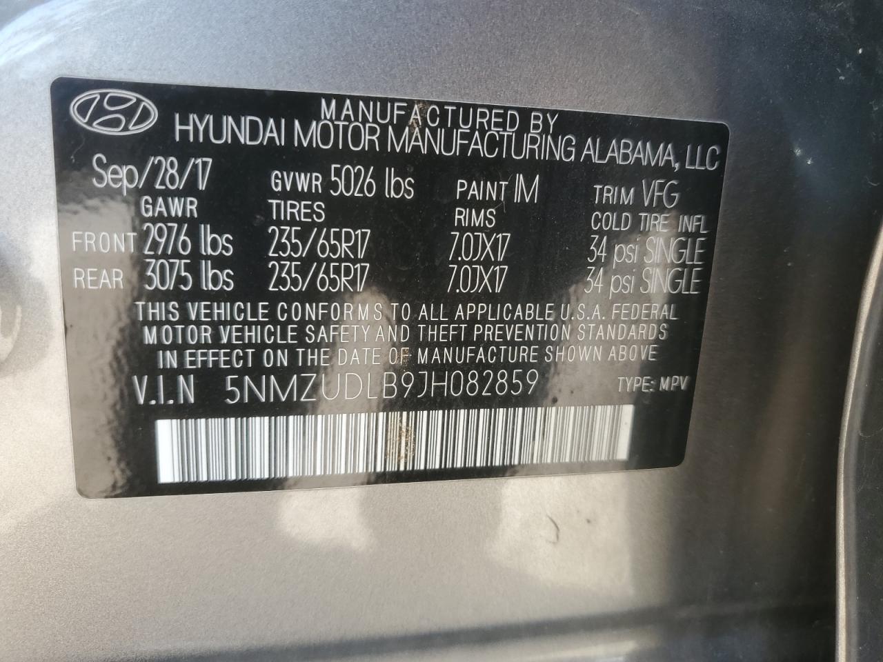 VIN 5NMZUDLB9JH082859 2018 HYUNDAI SANTA FE no.14