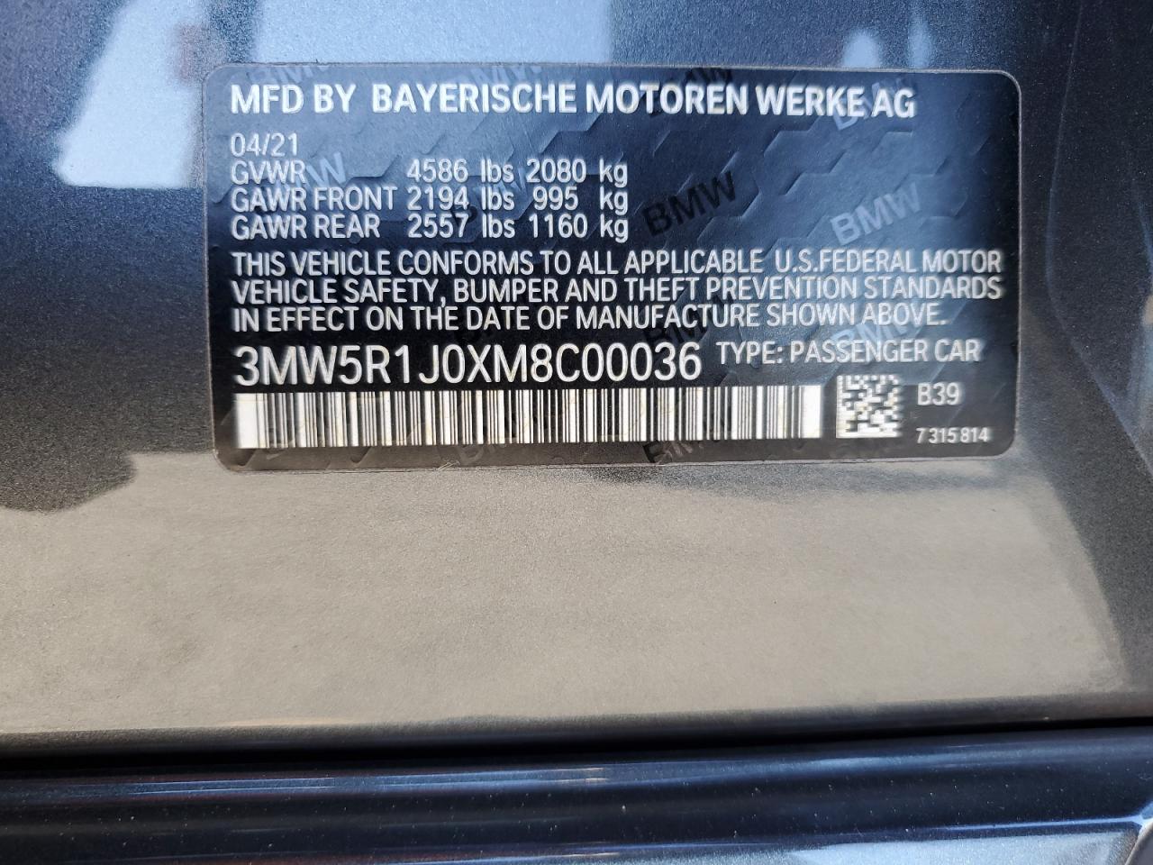 2021 BMW 330I VIN: 3MW5R1J0XM8C00036 Lot: 80379974