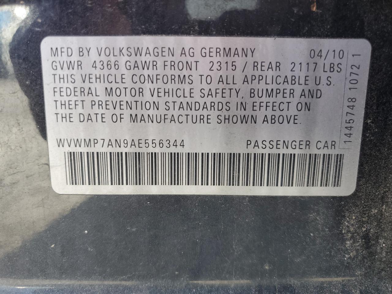 2010 Volkswagen Cc Sport VIN: WVWMP7AN9AE556344 Lot: 80716994