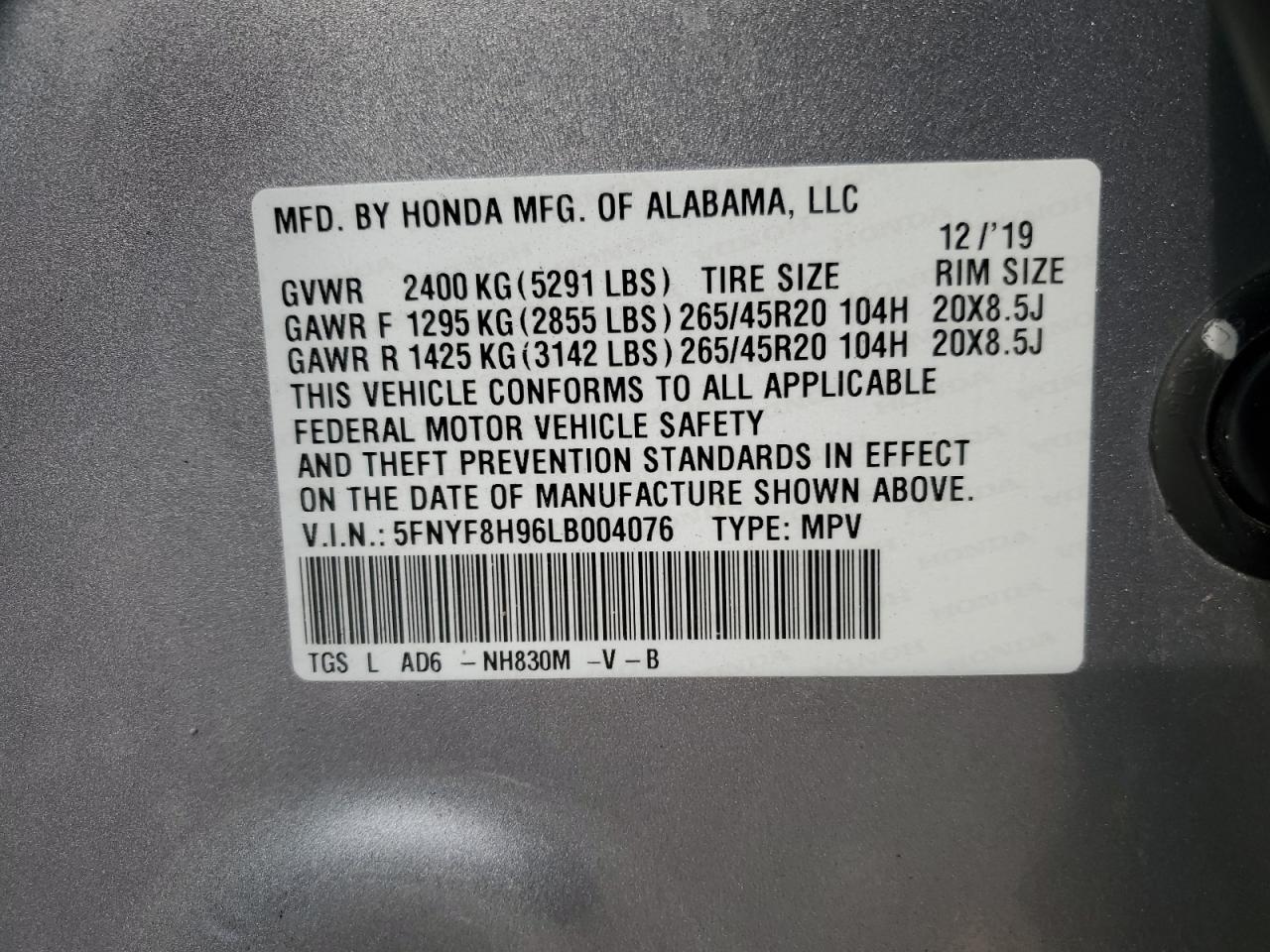 2020 Honda Passport Touring VIN: 5FNYF8H96LB004076 Lot: 81239214