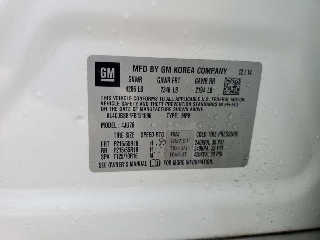 2015 Buick Encore Convenience VIN: KL4CJBSB1FB121096 Lot: 80697854