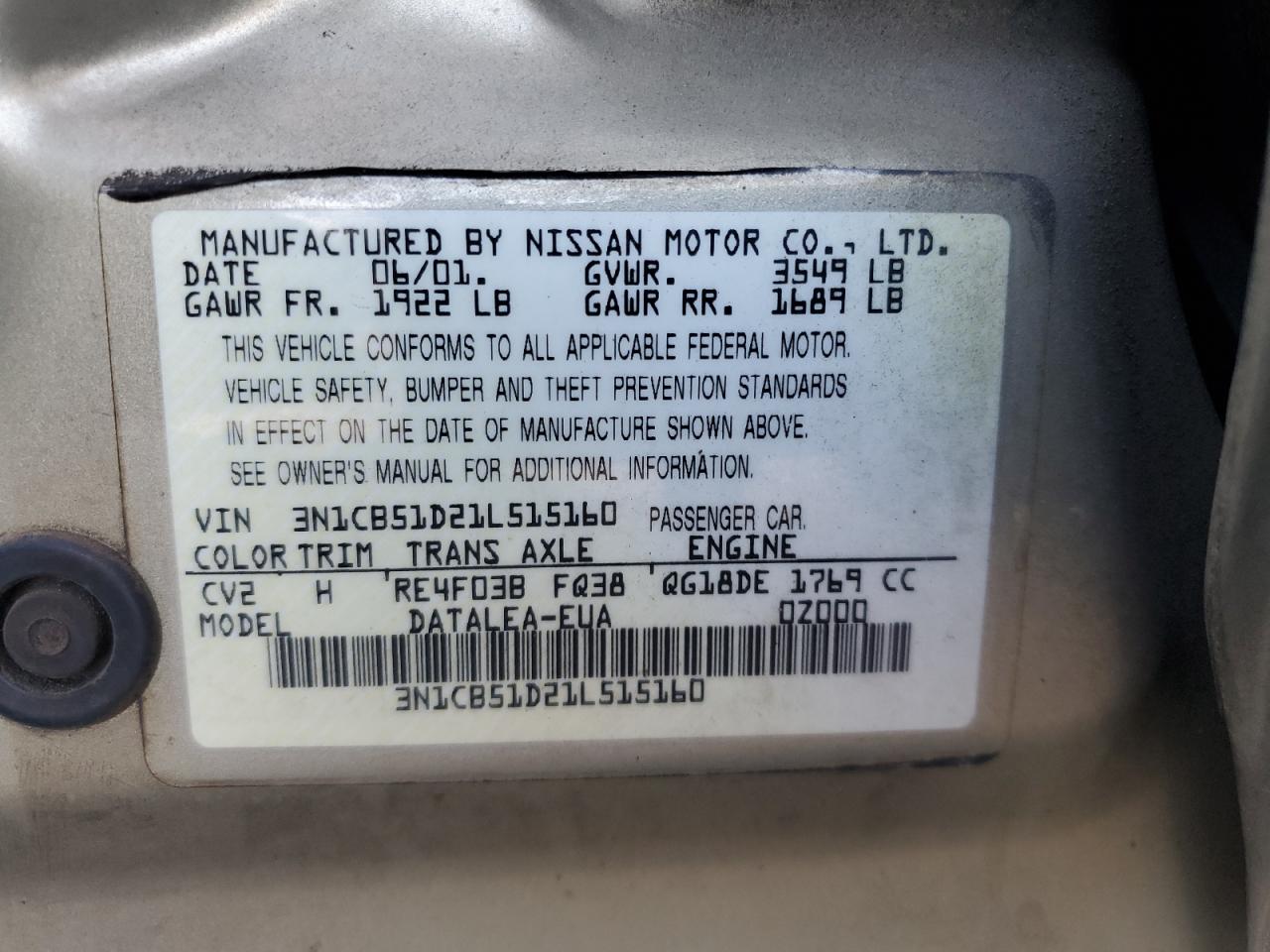 2001 Nissan Sentra Xe VIN: 3N1CB51D21L515160 Lot: 80153814