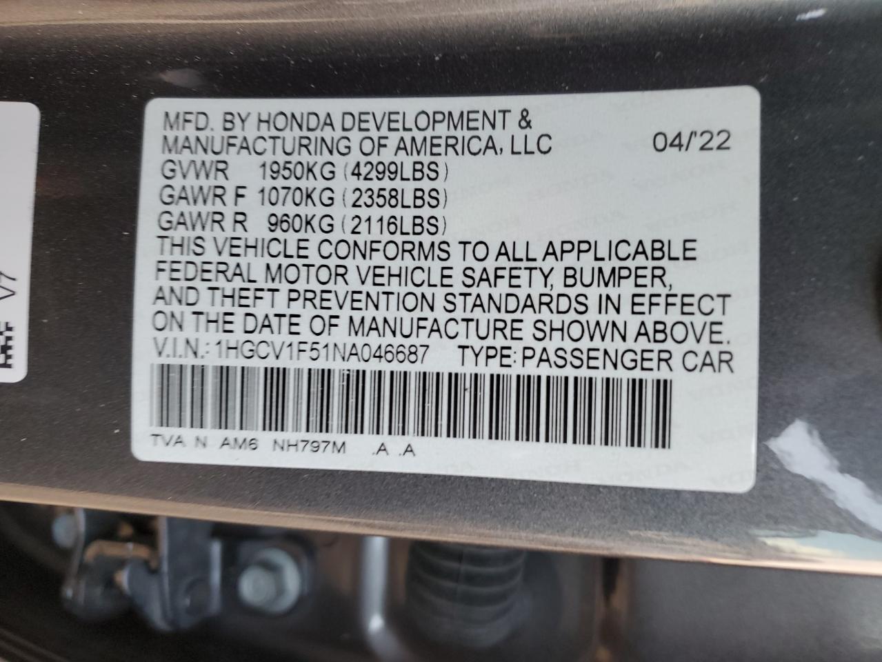 VIN 1HGCV1F51NA046687 2022 HONDA ACCORD no.12