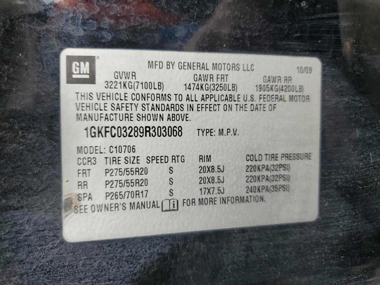 2009 GMC Yukon Denali VIN: 1GKFC03289R303068 Lot: 81139224