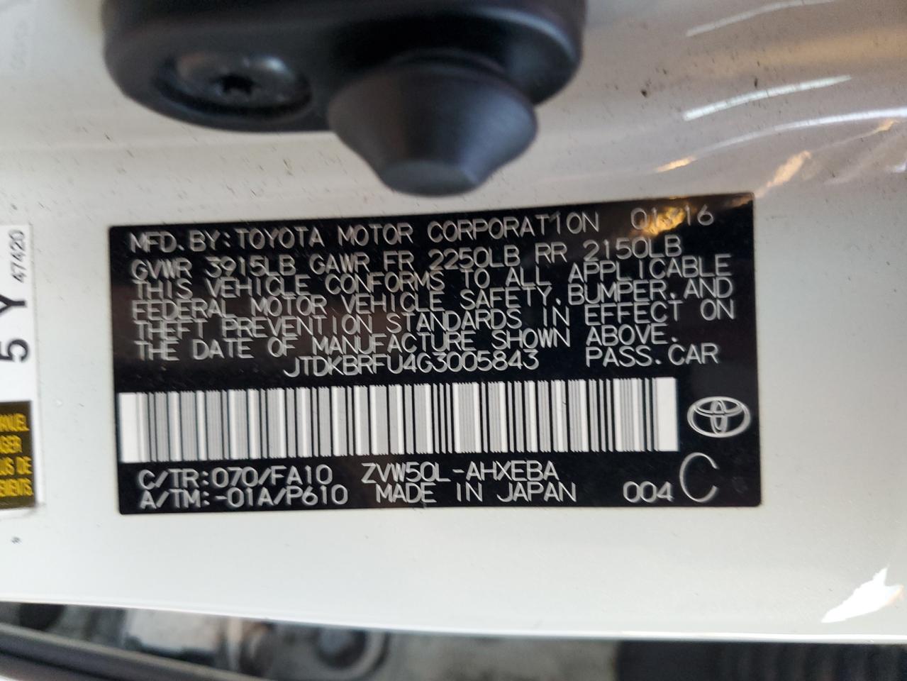 VIN JTDKBRFU4G3005843 2016 TOYOTA PRIUS no.12