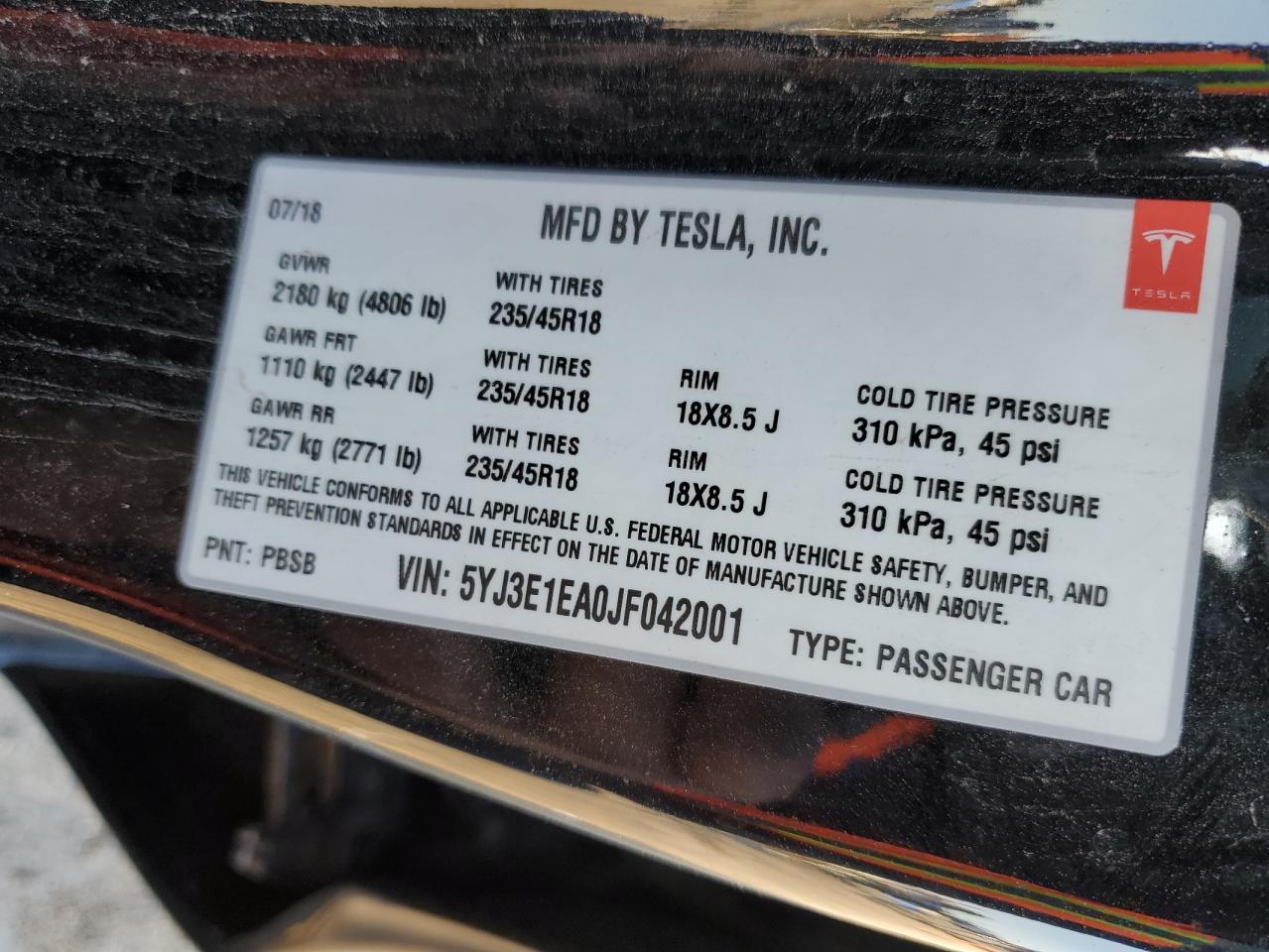 2018 Tesla Model 3 VIN: 5YJ3E1EA0JF042001 Lot: 78277014