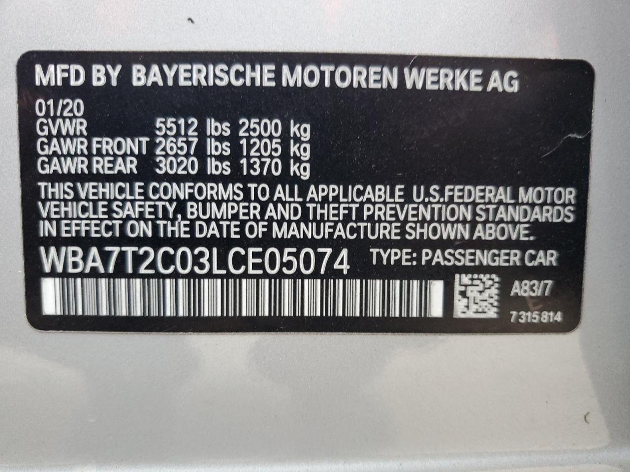 2020 BMW 740 I VIN: WBA7T2C03LCE05074 Lot: 79023304