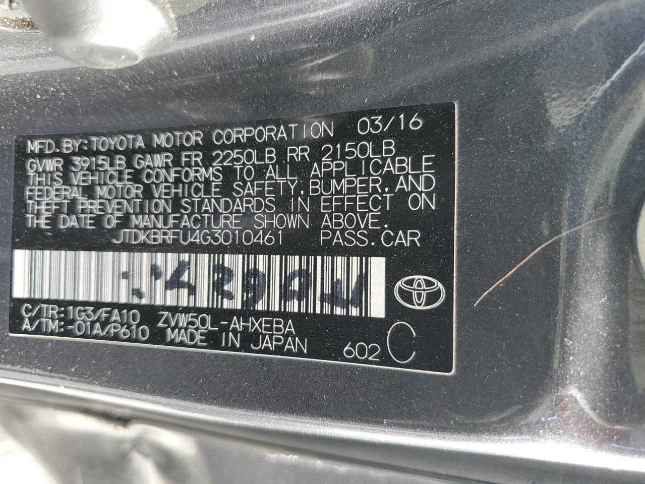 VIN JTDKBRFU4G3010461 2016 TOYOTA PRIUS no.12