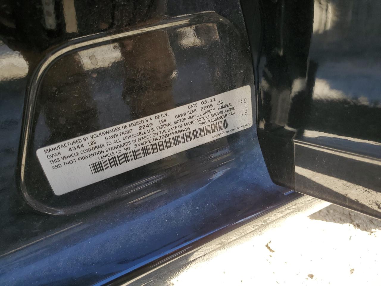 2011 Volkswagen Jetta S VIN: 3VWPZ7AJ9BM688646 Lot: 79976804