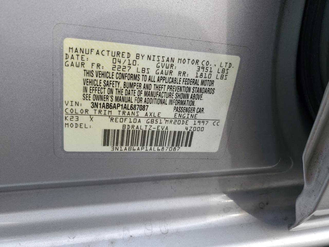 2010 Nissan Sentra 2.0 VIN: 3N1AB6AP1AL687087 Lot: 80438084