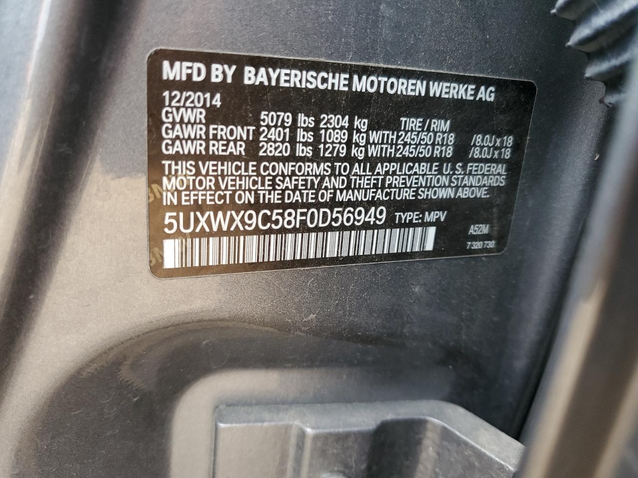 VIN 5UXWX9C58F0D56949 2015 BMW X3 no.14