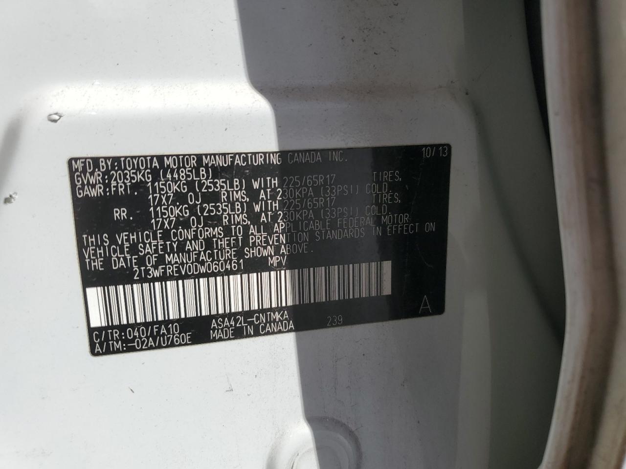 VIN 2T3WFREV0DW060461 2013 TOYOTA RAV4 no.13