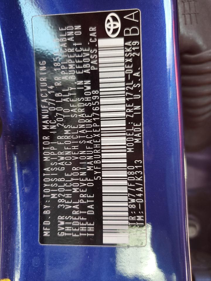 2014 Toyota Corolla L VIN: 5YFBURHEXEP176598 Lot: 79017504