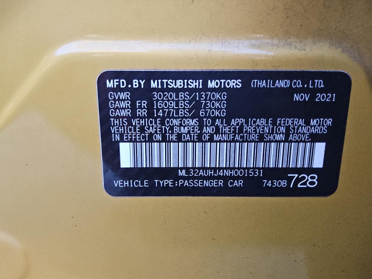 VIN ML32AUHJ4NH001531 2022 MITSUBISHI MIRAGE no.12