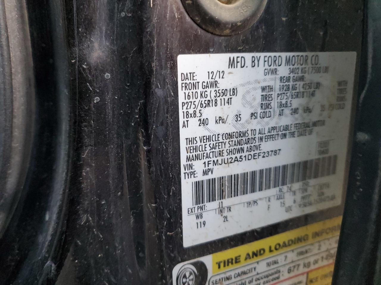 2013 Ford Expedition Limited VIN: 1FMJU2A51DEF23787 Lot: 78719854