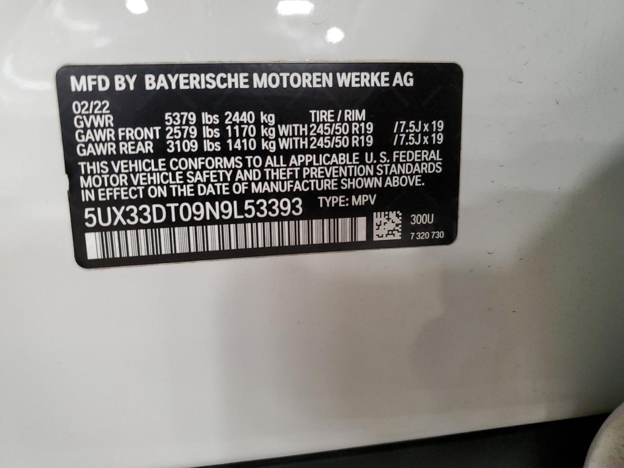 VIN 5UX33DT09N9L53393 2022 BMW X4 no.14