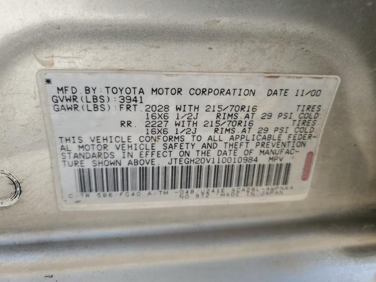 2001 Toyota Rav4 VIN: JTEGH20V110010984 Lot: 79136644