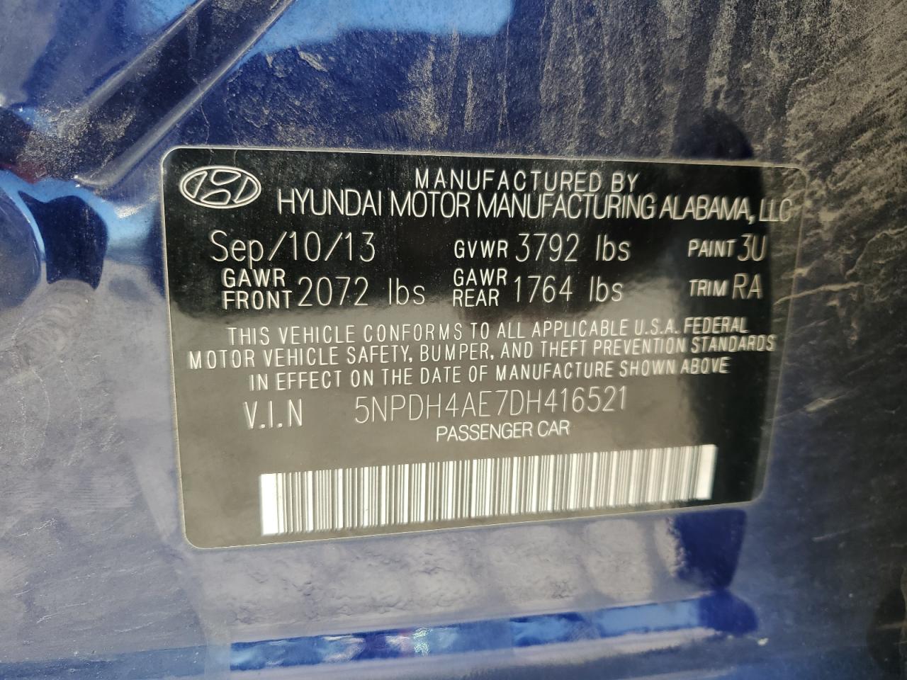 2013 Hyundai Elantra Gls VIN: 5NPDH4AE7DH416521 Lot: 81095164