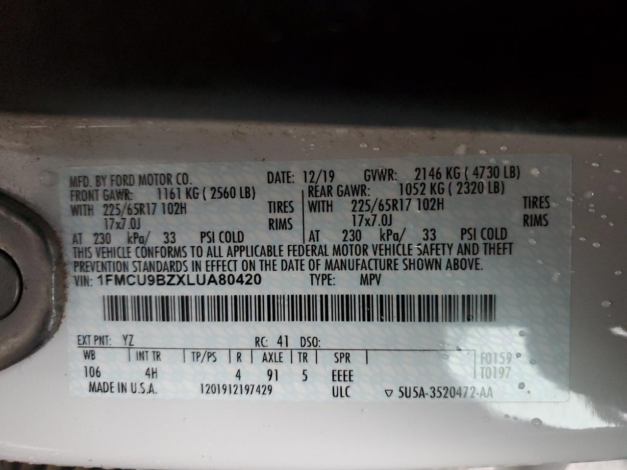 1FMCU9BZXLUA80420 2020 FORD ESCAPE - Image 13