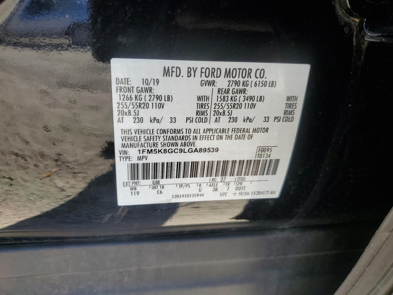 2020 Ford Explorer St VIN: 1FM5K8GC9LGA89539 Lot: 80039194