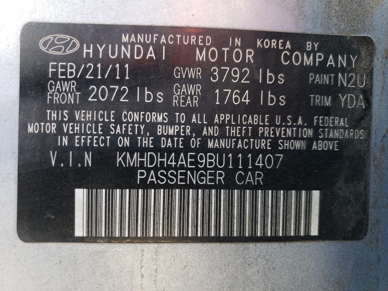 2011 Hyundai Elantra Gls VIN: KMHDH4AE9BU111407 Lot: 80989684