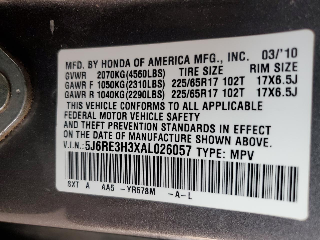 2010 Honda Cr-V Lx VIN: 5J6RE3H3XAL026057 Lot: 77893994