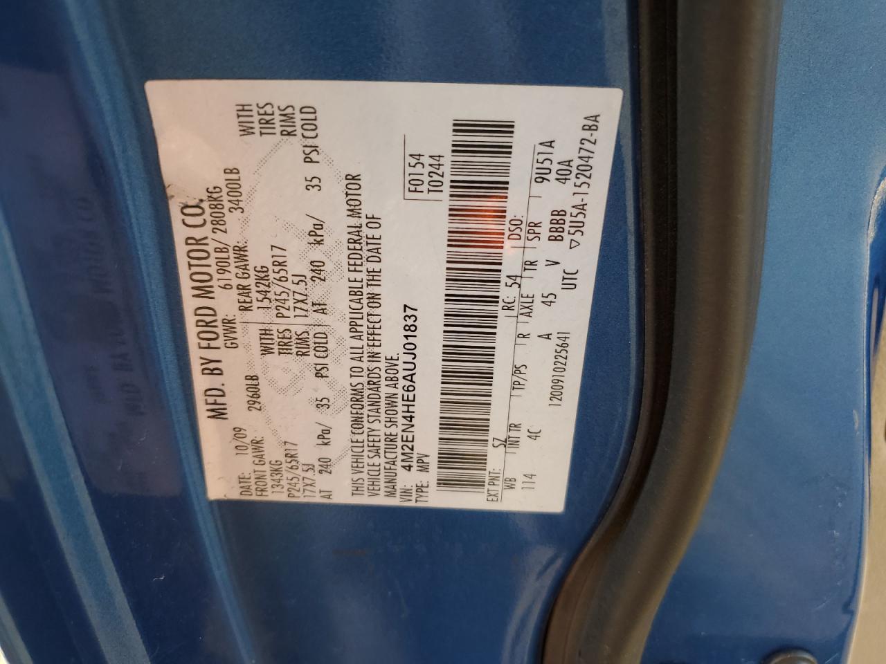 2010 Mercury Mountaineer Luxury VIN: 4M2EN4HE6AUJ01837 Lot: 81051264